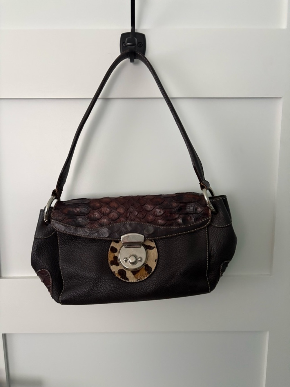 Textured Dark Brown Leather Shoulder Bag with Animal-Print Accent